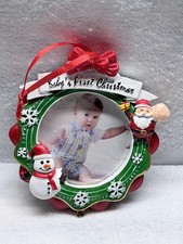 Baby  s First Christmas Photo Frame Ornament Santa Snowman Holiday Used