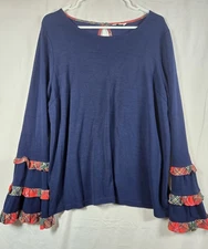 Crown and Ivy Womens Top Sz 2XL Navy  Plaid Ruffle Sleeves Holiday Business