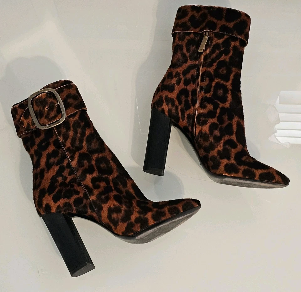 SAINT LAURENT Joplin 小马毛豹纹靴子女式 39.5 码 US 9 正品! — 第 3/4 张图片