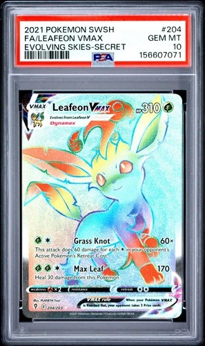 PSA 10 Leafeon VMAX Rainbow Rare Evolving Skies 204/203 Pokemon Card FA 2021