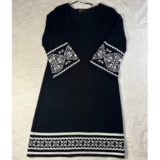 RK Originals Black Knit Dress Fair Isle Bell Sleeve Knee Length Size M