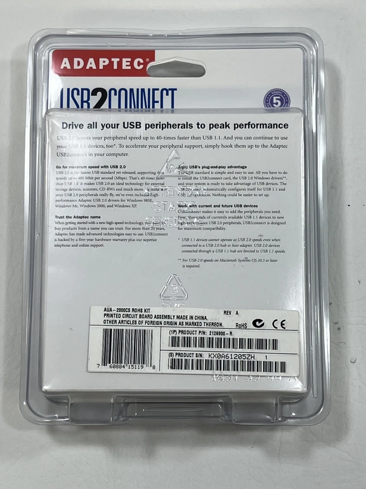 Adaptec AUA-2000 USB 2 Connect 2-Port USB PCI Card Expansion for PC & MAC NEW - Image 2 of 2