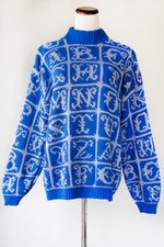 Vintage ADELE Knitwear 80's 90's Blue Silver White Alphabet Sweater Medium Large