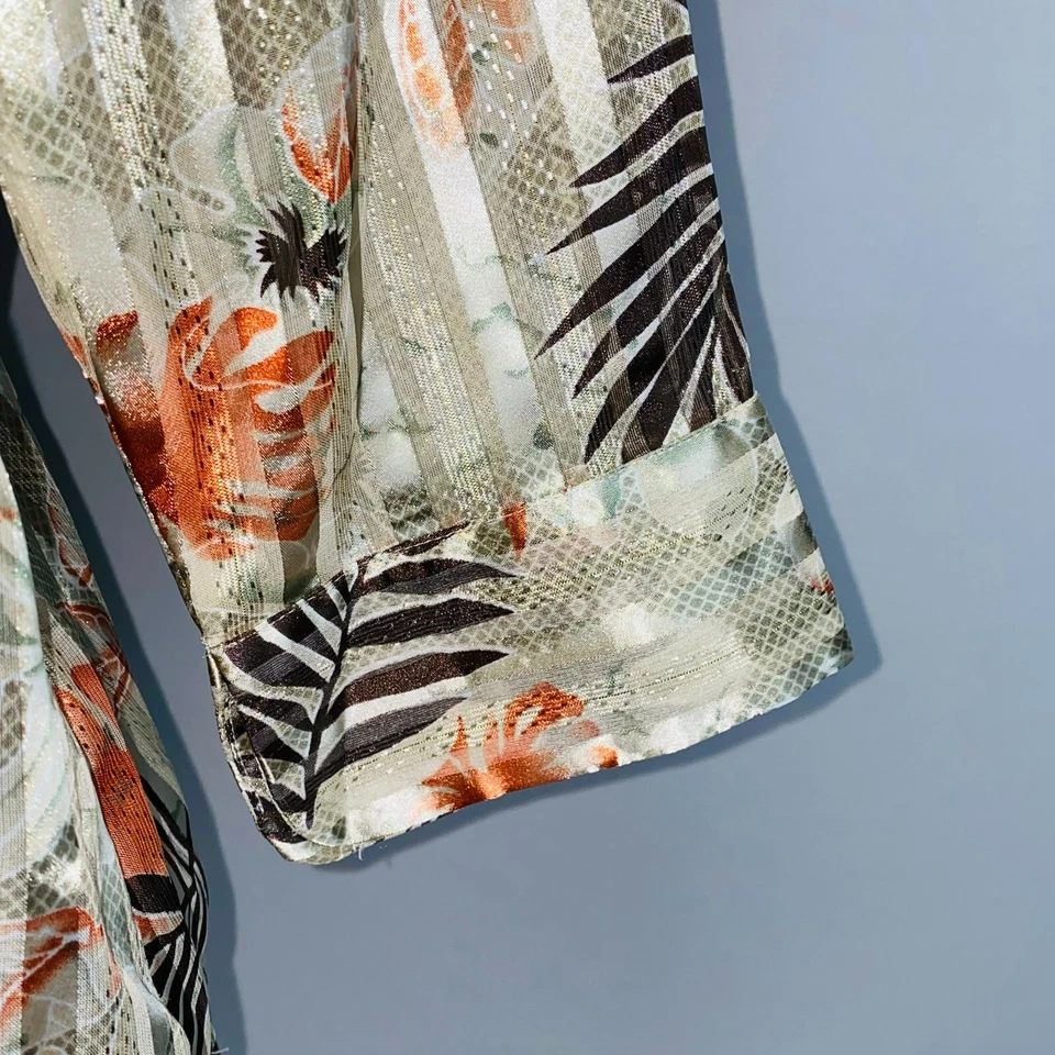 Camisa Piano Mujer Satinada Metálica Rayas Única Informal Estampado de Hojas S Foto 3 de 4