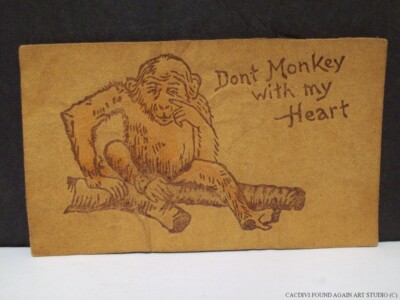 Vintage Don't Monkey with My Heart Leather Postcard  Sad Simian Up Tree Branch A