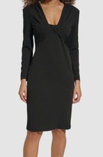 Calvin Klein Womens Black Scuba Crepe Pleated V-Neck Sheath Dress Size 8