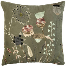 Wild Flowers Decorative Pillow Embroidered Square Couch Throw Cushion 18" Green