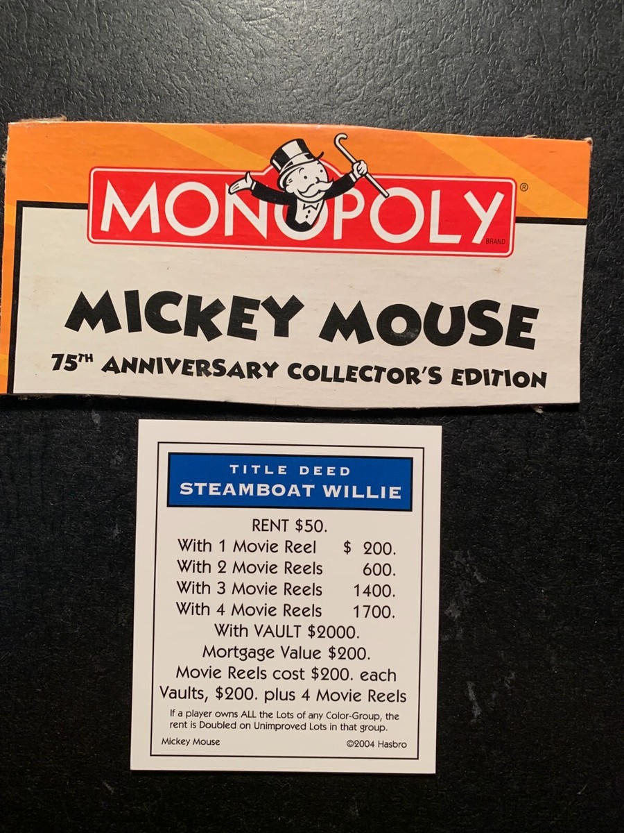 Monopoly Mickey Mouse STEAMBOAT WILLIE Title Deed Card 75th