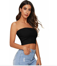 Unbranded  NEW Large  Black Strapless Stretch Ribbed Cotton Crop Tube Top 50