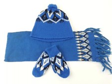 Original 1970s Vtg 3 Pc Blue Mittens Scarf Pom Pom Hat Beanie Kids Size