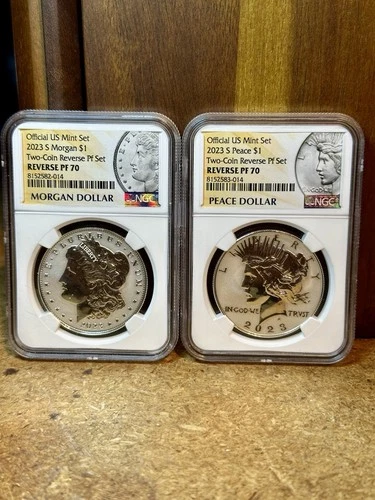 2023 S Morgan & Peace Silver Dollar Reverse Proof Set NGC Reverse PF70