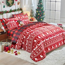 Christmas Red Bed in a Bag 7 Pcs Queen Size, Elk Deer Xmas Tree and Snowflake...