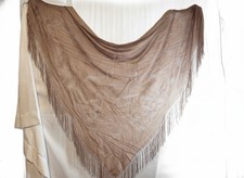 Large Taupe Fringe Shawl Wrap Triangle Scarf Lace Textured Lightweight