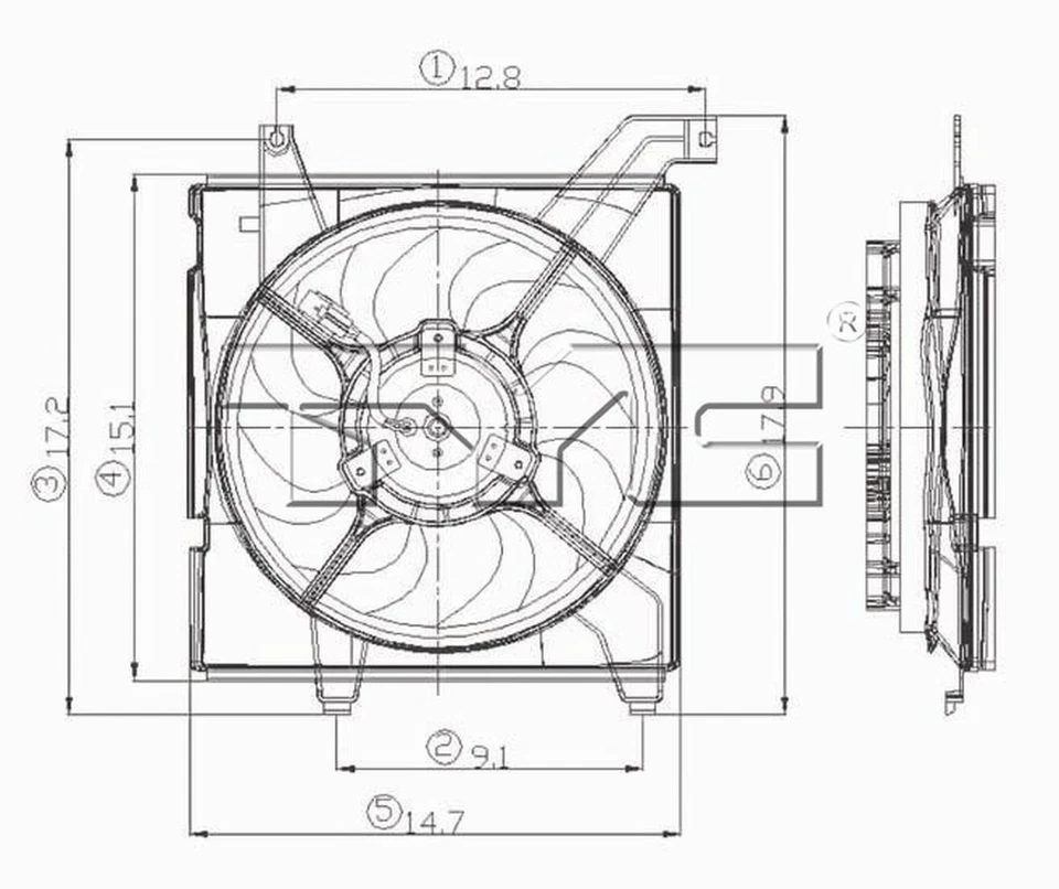 Вентилятор охлаждения двигателя TYC 600580 в сборе для 01–08 Hyundai Elantra Tiburon - Изображение 3 из 4