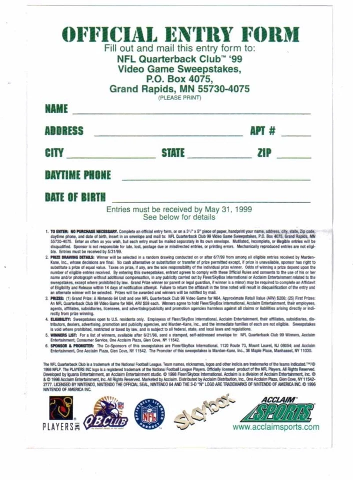 Винтажная форма заявки на участие в лотерее NFL Quarterback Club '99 Brett Favre N64 - Изображение 2 из 2
