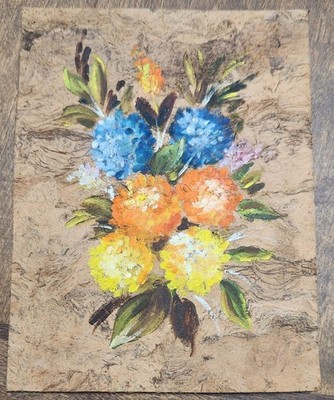 Three Antique Small Oil Paintings. Painted on the back of bark-like material...
