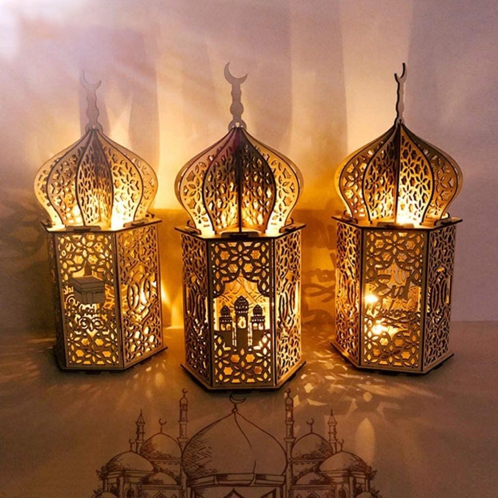 Ramadan LED Lamp Wooden Eid Mubarak Moon LED Light Muslim Islam Decorative Light
