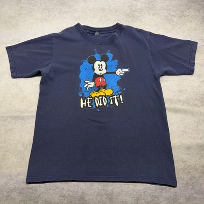 Vintage Disney Mickey Mouse He Did It Graphic T-Shirt Navy Blue Boys Large Y2K