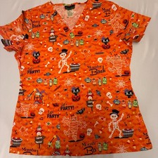 Cherokee Uniform Scrub Top Halloween "Lets Party-Monster Bash" MED Preown A7-5 
