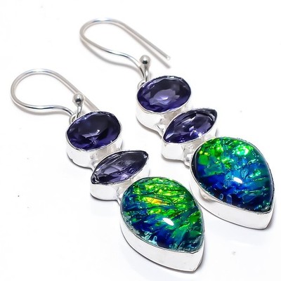 Triplett Feueropal, Tansanit Edelstein 925 Sterlingsilber Schmuck Ohrring 2,4...