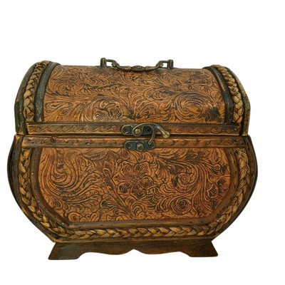 Vintage Wood Wicker Treasure Box W/ Tooled Leather Front Basket Weave Side 8.25''