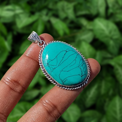 Trending Turquoise Gemstone Pendant 925 Silver Plated Fashion Jewelry SZ 1.75" - Picture 2 of 5