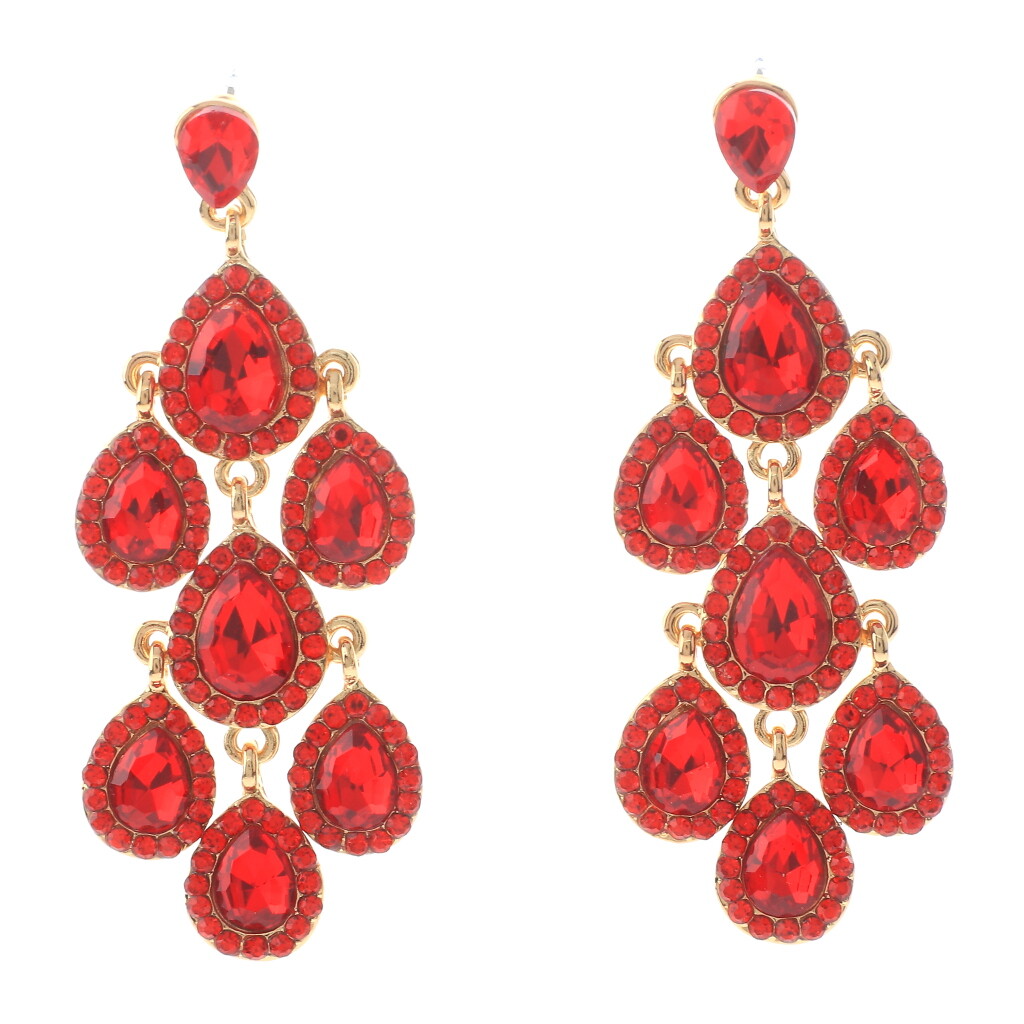 Gold Tone Metal Crystal Rhinestone Chandelier Post Earrings ER2601-RED