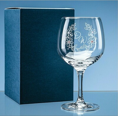 Großes handgeätztes Gin Glas monogrammiert florales Design aus Swarovski Kristall