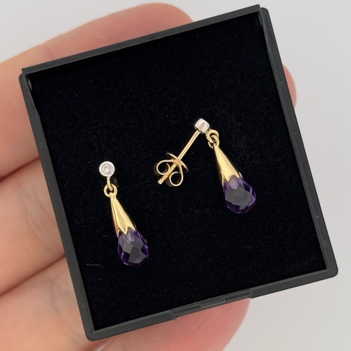 Vintage 18ct Yellow Gold Amethyst & Diamond Drop Dangle Earrings - Picture 3 of 5