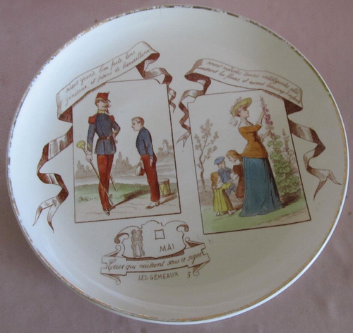 Ancienne assiette parlante faïence Creil et Montereau Horoscopes Gémeaux Mai - Photo 1 sur 7