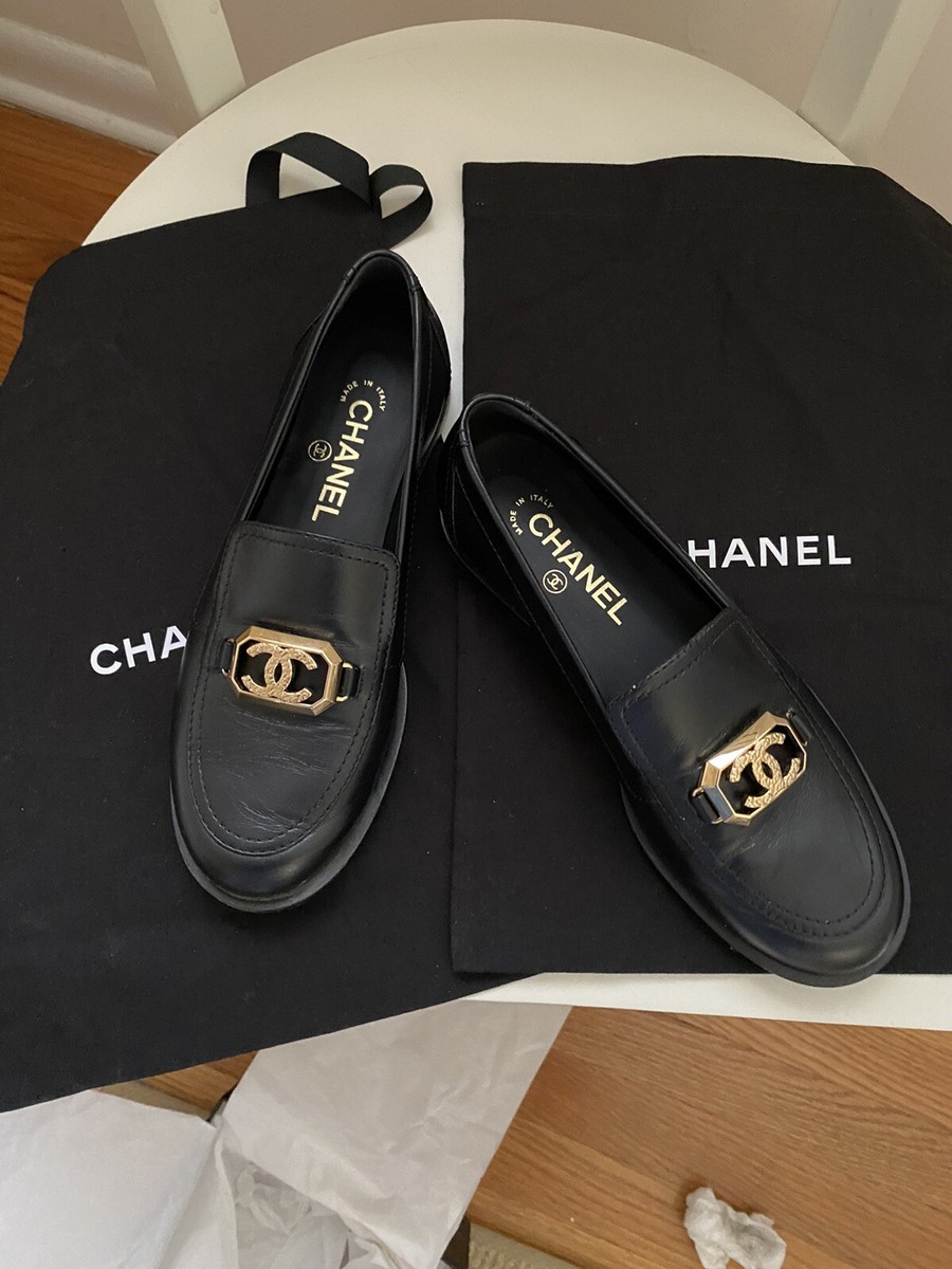 Chanel Black Moccasin Loafers W/ Gold CC. 2023 New In Box Chanel Black Moccasin Loafers W/ Gold CC. 2023 New In Box