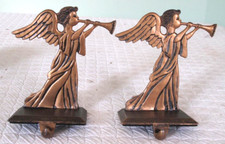  2 Vintage Bronze Metal Angel Christmas Stocking Holder Mantle Hanger Hooks
