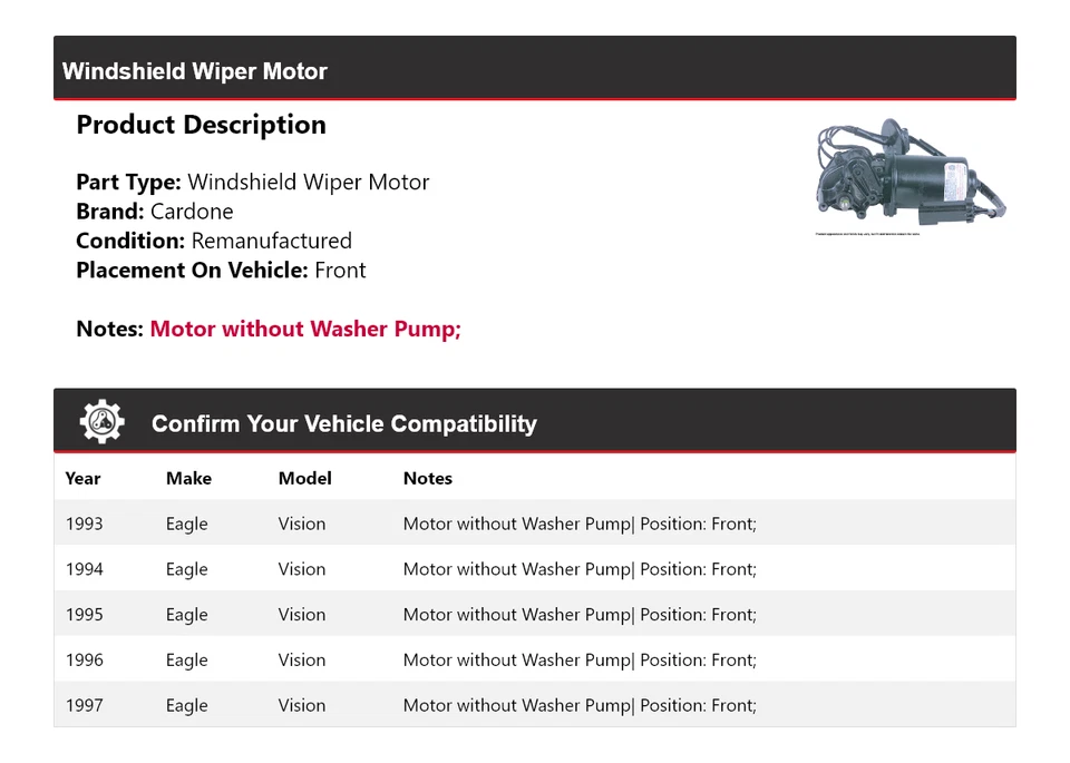 Para 1993-1997 Eagle Vision Limpiaparabrisas Motor Delantero Cardone 1994 1995 1996 Foto 2 de 4