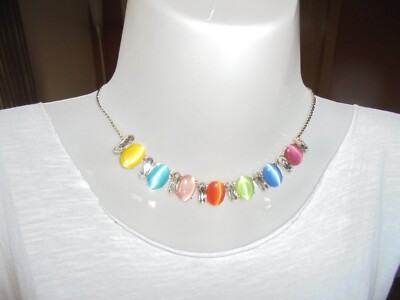Halskette Collier gold cat's Eye bunt Glasstein Panzerkette Sommer Party