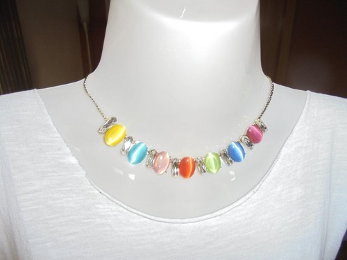 Halskette Collier gold cat's Eye bunt Glasstein Panzerkette Sommer Party - Bild 1 von 2