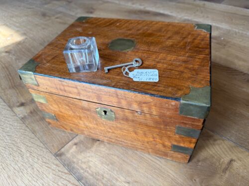 Antique walnut English lap writing desk c. 1880, secret drawers, key, ink holder