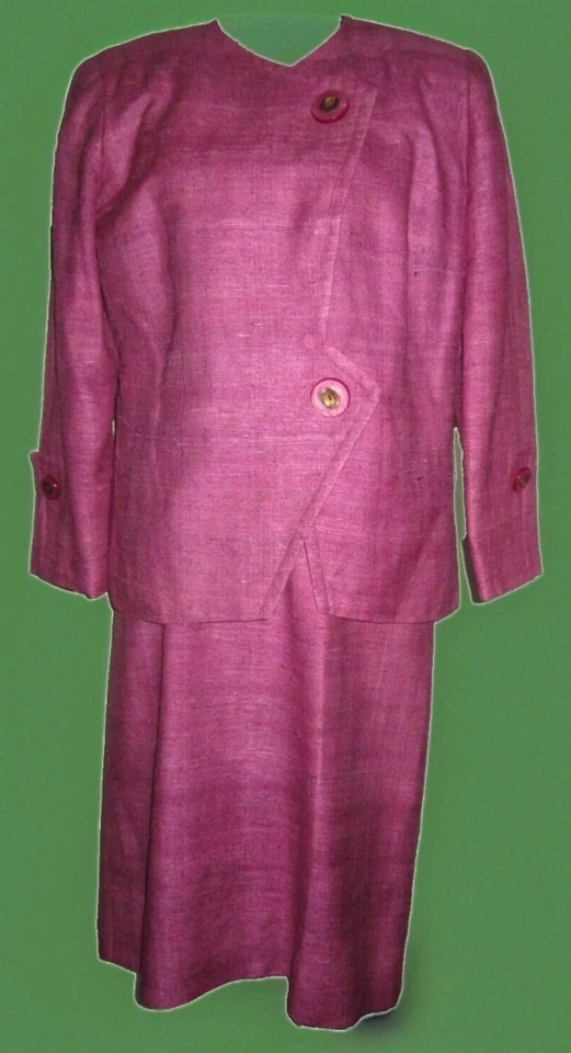 Terno saia OOAK vintage rosa 3 peças seda crua e linho, aprox. feminino tamanho 16/XL