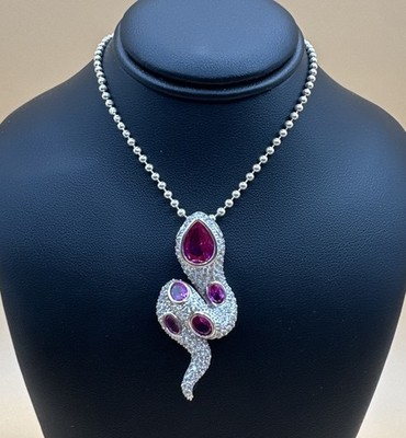 Elegant 925 Sterling Silver Ruby Color & CZ Snake Pendant Necklace