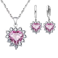 Elegant 3pcs Heart-Shaped Jewelry Set for Women - Silvery Plated Necklace Pink