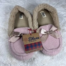 DLUXE by Dearfoams Pink Memory Foam Slippers Bow Plush Fur Lined Girls NWT