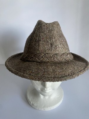 Vintage Artel Tweed Fedora Hat Brown Flecked Feather Made USA Medium M
