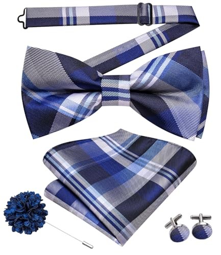 Blue & White Plaid Men's Bow Tie Set with Pocket Square & Cufflinks