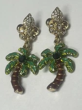 Lunch At The Ritz Palm Tree, Swarovski Crystal, gold Plating, Signed Earrings
