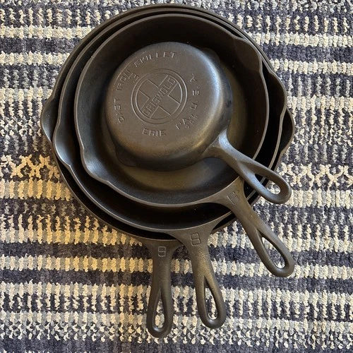 Vintage Griswold Cast Iron Matching Large Logo Skillet Set (3,6,8,9) - Flat