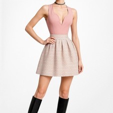 Vintage Y2K Pink Pleated Knit Checkered Flared Mini Cocktail Dress Size S/M