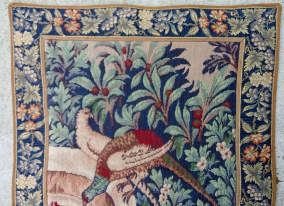 Ancienne tapisserie d Halluin Décor Couple Faisans Buvant À La Fontaine - Photo 2/4