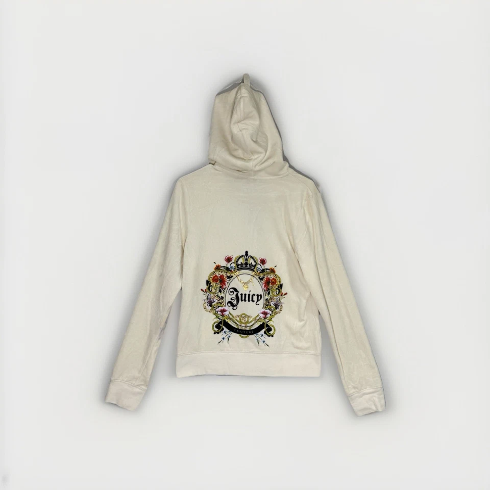 Juicy Couture Royal Iconic Velour Zip Hoodie XL Cream Embellished Crest NWT - Image 2 of 4