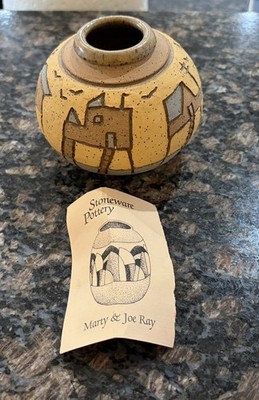 Marty Ray Pottery Seed Jar / Pocket Vessel With Stilt Houses Birds Signed