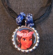 Moana Ribbon Bottle Cap Bling Charm Necklace Blue Beads Ocean Maui Polynesia