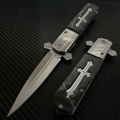 9” Silver Black Cross Tactical Spring Assisted Folding Pocket Knife Girl’s Knife